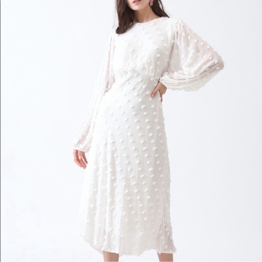 Chicwish Cream colored midi dress, textured pom pon detail, Sz Lg